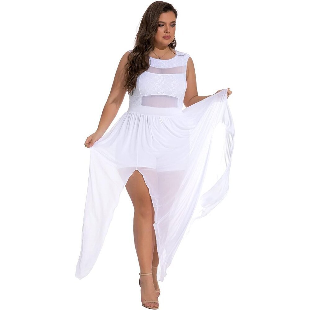 Plus Size Maxi Jumpsuit Lace Mesh Double Slits Wedding Party Dress